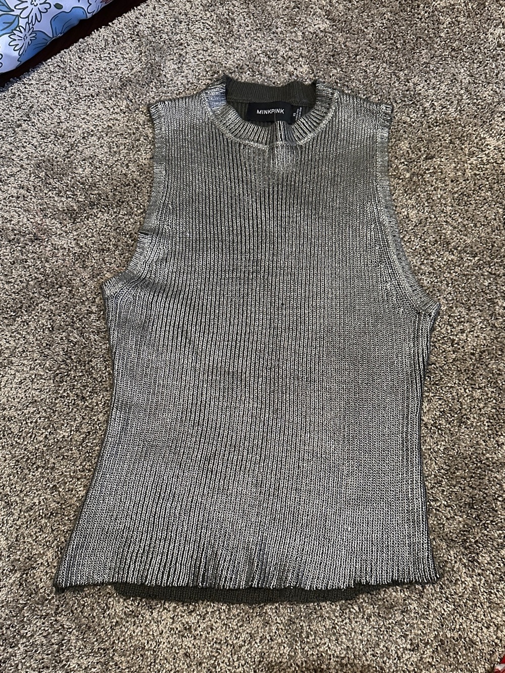 MINKPINK Silver Metallic Asymmetric Knit Top